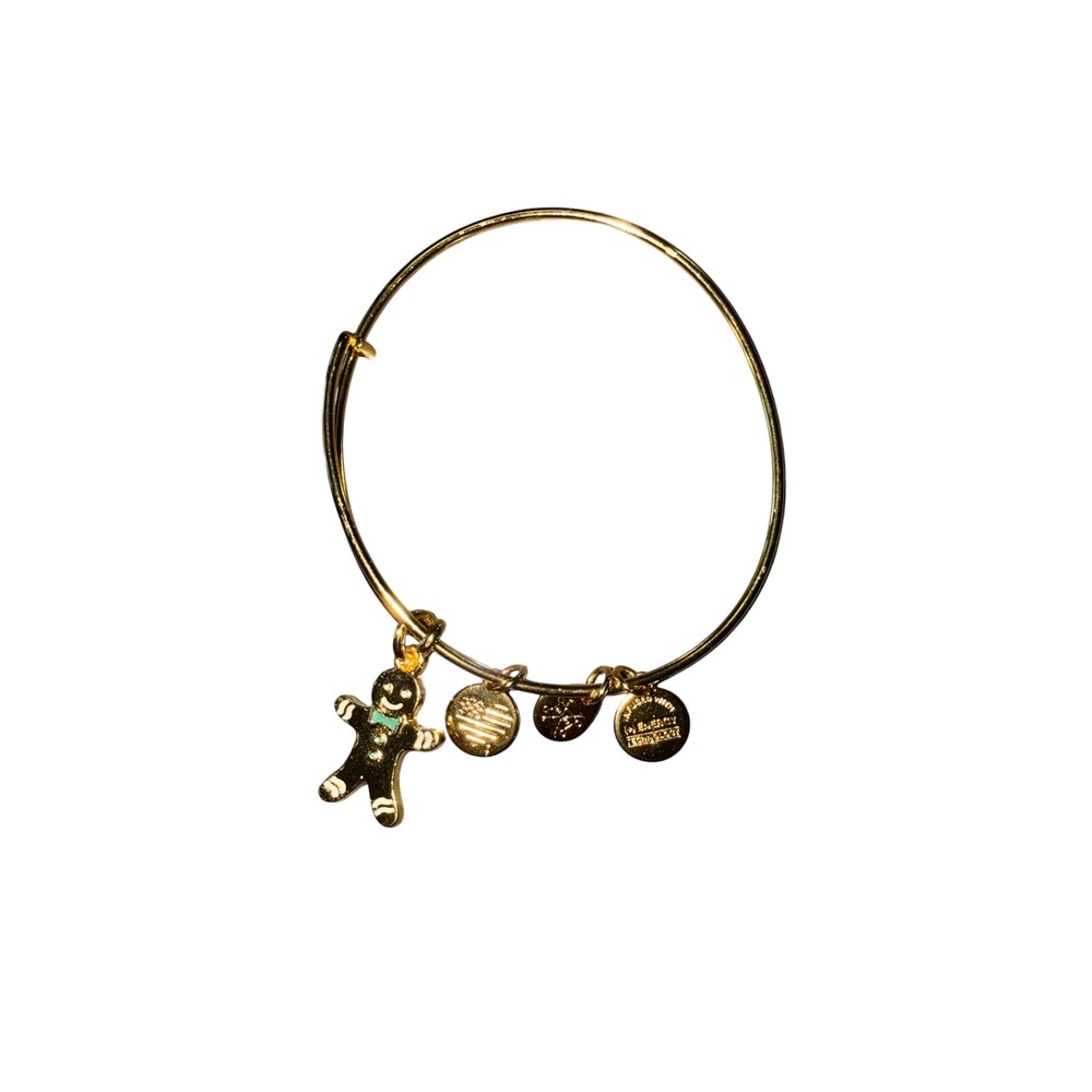 Alex and Ani Gingerbread Man Bangle Bracelet Gold Tone Holiday Charm Adjustable